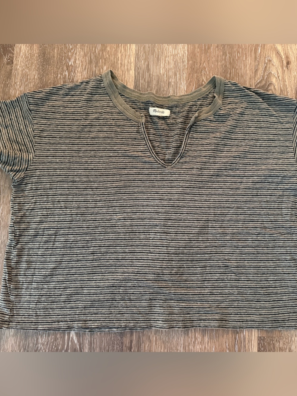 Madewell Olive Green and Black Striped Ribbed V-Neck Top